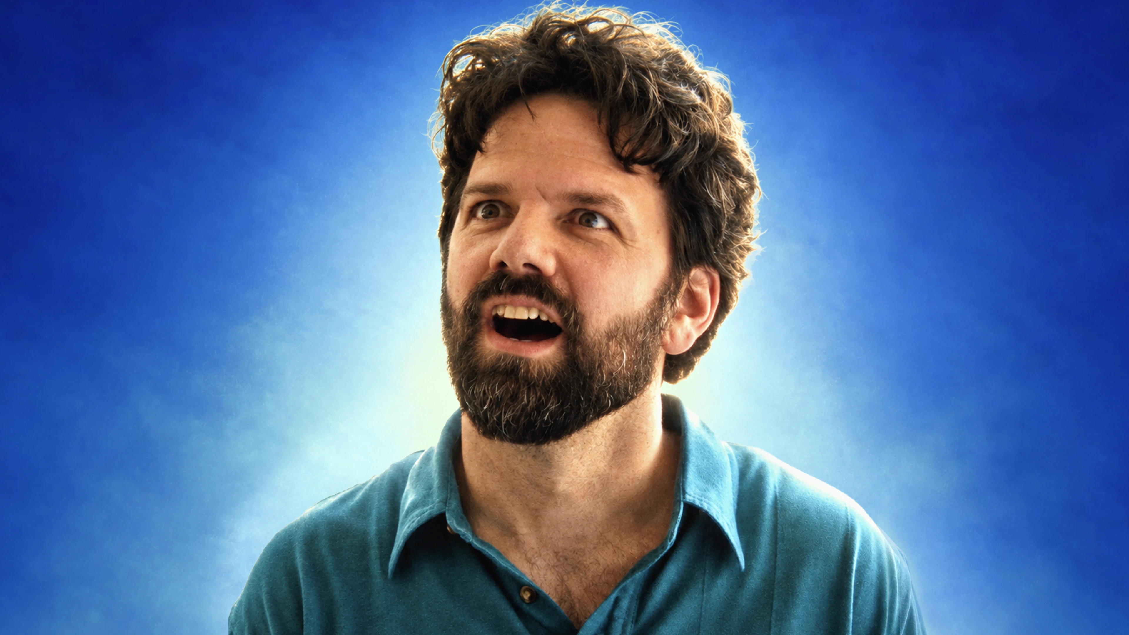 Neighbor poster: a wide-eyed, bearded man in a teal polo shouting against a glowing blue sky